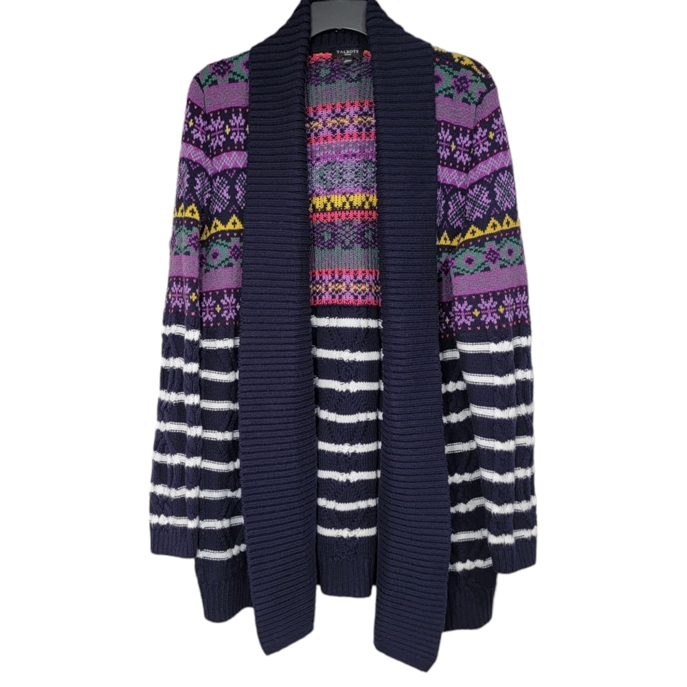 Talbots Cable Knit Open Navy Blue Striped Cardigan Sweater Womens Size M Petite